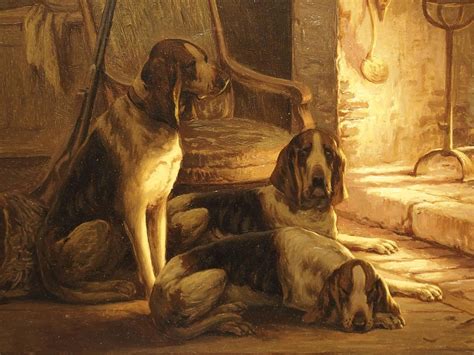 Signed Antique Oil On Canvas Dogs By Fireplace 19th Century At 1stdibs