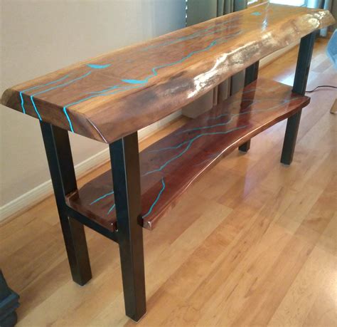 Hand Crafted Live Edge Walnut Slab Entry Table With Turquoise Inlay