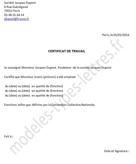 Exemple Un Certificat De Travail Document Online