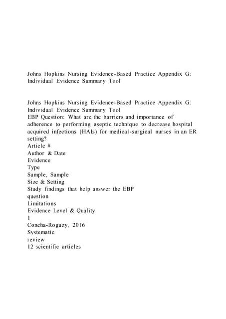 Johns Hopkins Nursing Evidence Based Practice Appendix G Pdf