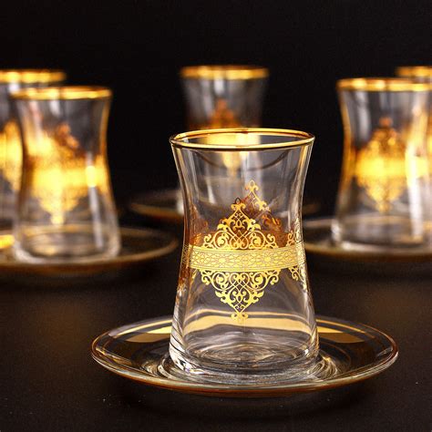6x Gold Color Arabic Tea Glasses Set With Saucers FairTurk Com