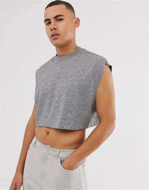 Asos Design Cropped Oversized Sleeveless T Shirt In Twisted Jersey In Gray Asos Crop Top Men