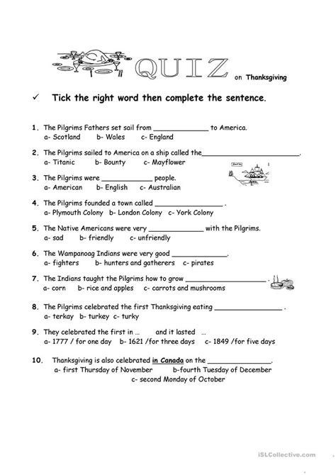 Mixing a few printable trivia questions in with some icebreakers also helps your guests gel easier. Thanksgiving quiz worksheet - Free ESL printable ...