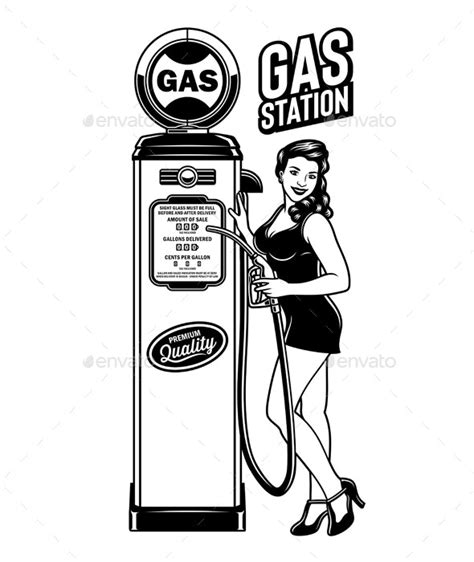 Vintage Pin Up Girl Gas Station Vector Illustration By Vectorfreak
