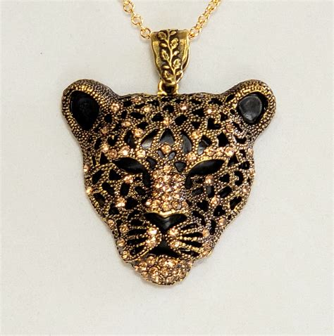 Black Panther Pendant Or Necklace With Gold Rhinestones Etsy