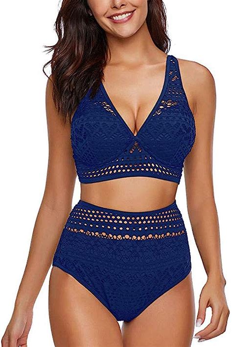 Amazon Com Uonqd Women Two Pieces Crochet Lace High Waist V Neck Bikini Set Swimsuit Blue Clothing