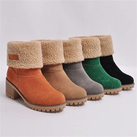 Womens Ankle Boots Fold Over Suede Warm Mid Heeled Winter Boots