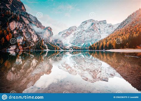 Scenic Image Of Alpine Lake Braies Pragser Wildsee Location Place