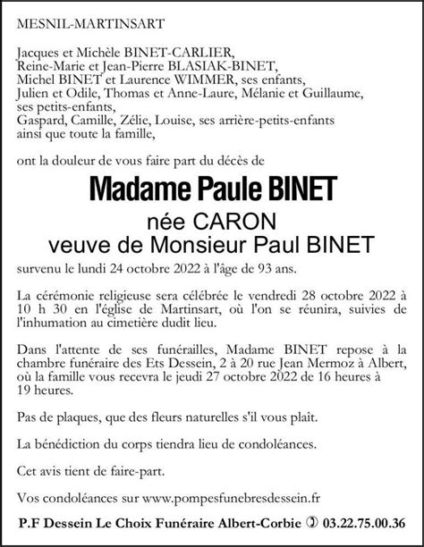 Madame Paule Binet Née Caron Pompes Funèbres Dessein