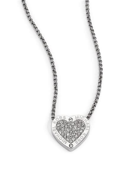 Lyst Michael Kors Heritage Hearts Pave Necklace Silvertone In Metallic