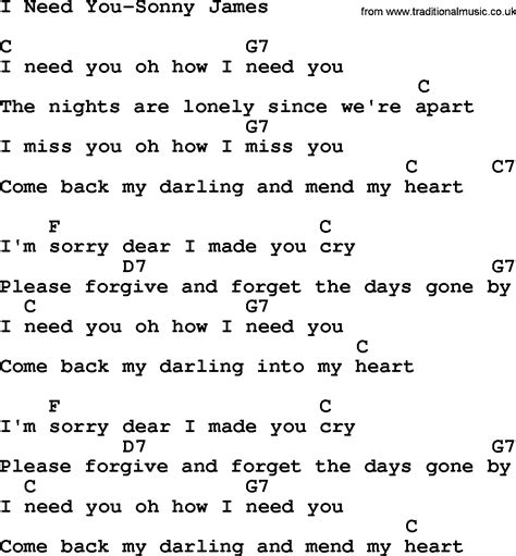 Country Music I Need You Sonny James Lyrics And Chords