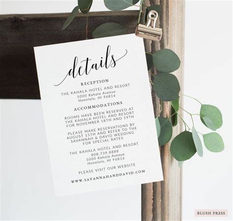 Wedding Details Card Template Printable Details Card Wedding Detail