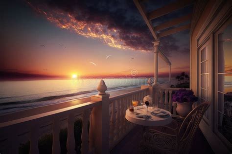 Balcony With View Of Breathtaking Sunset Over The Ocean Stock Photo