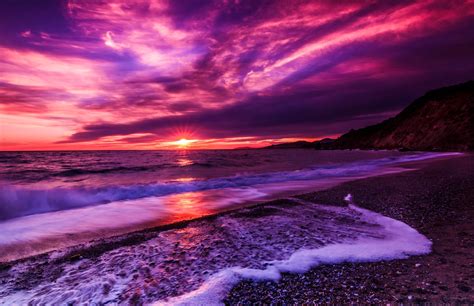 Download Horizon Purple Sea Ocean Beach Nature Sunset Hd Wallpaper