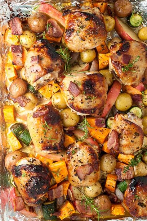 Add oil to a skillet and allow it to get hot while you toss your chicken thighs in flour. Sheet Pan Chicken and Roasted Harvest Vegetables - Flavour ...