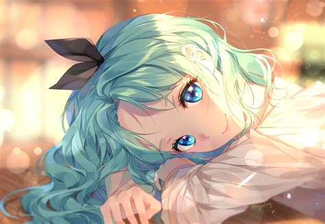 Download 2364x1631 Anime Girl Resting Aqua Hair Cute Ribbon Blue