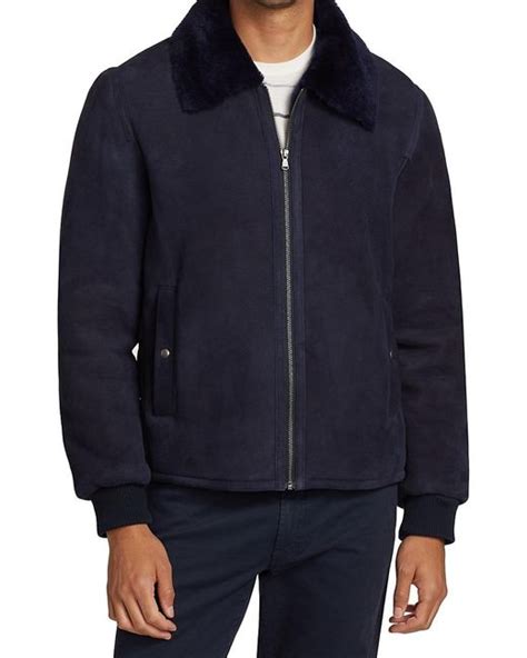 Saks Fifth Avenue Shearling Collar Suede Bomber Jacket In Navy Blue