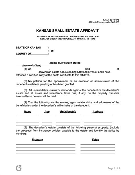 Free Kansas Small Estate Affidavit Form 59 1507b PDF WORD