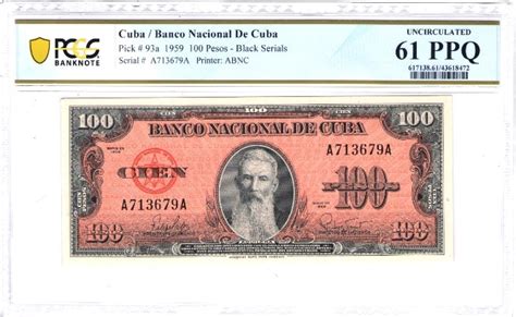 1959 Cuba 100 Pesos Cuban Currency Pcgs Banknote Unc61ppq