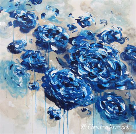 Original Art Abstract Navy Blue Floral Painting Flowers Contemporary