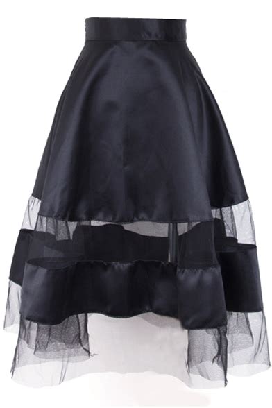 Black Sheer Mesh Panel High Waist Midi A Line Skirt