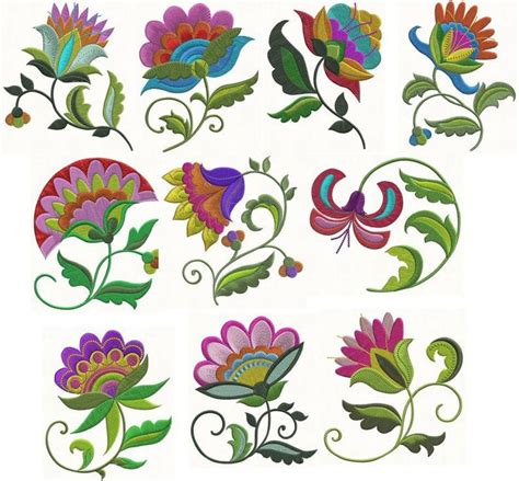 Colorful Folk Art Flower Embroidery Designs