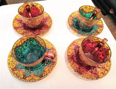 Indian Set Of Hand Painted Glass Teacups And Saucers Emerald Etsy