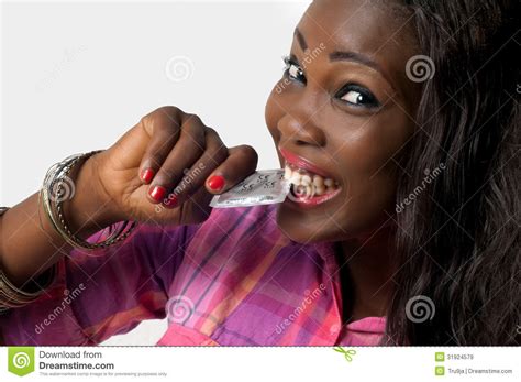 African American Girl Biting Condom Safe Sex Stock Image Image Of