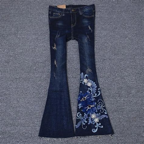 Fashion Women Flower Embroidery Jeans Handmade Beads Jeans Ladies High Waist Wide Leg Flare