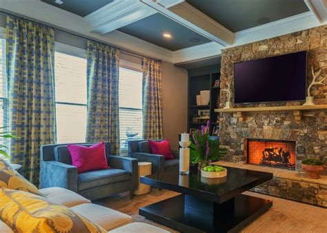 Gray Transitional Living Room With Stone Fireplace Hgtv