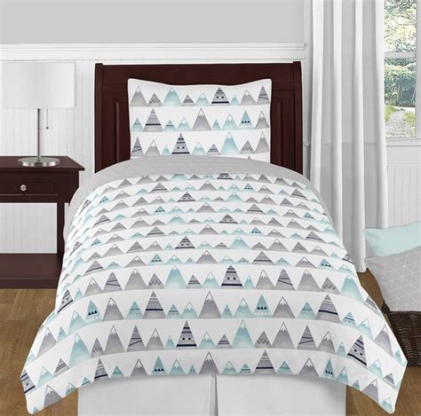 Mountains Grey And Aqua Twin Bedding Collection