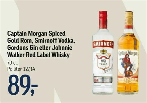 Captain Morgan Spiced Gold Rom Smirnoff Vodka Gordons Gin Eller Johnnie Walker Red Label