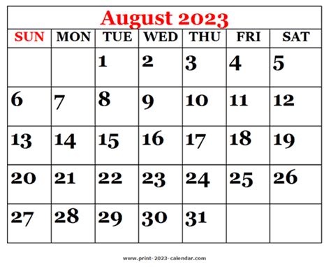 Printable 2023 August Calendar