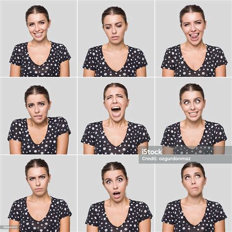 Young Beautiful Woman Making Various Facial Expressions Stock Photo