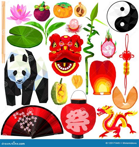Chinese Cultural Set In Low Poly Design Stock Vector Illustration Of