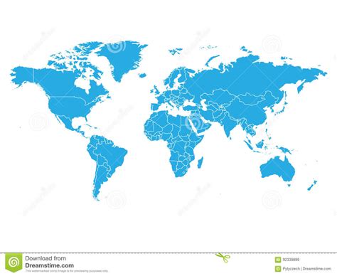 World Map In Blue Color On White Background High Detail Blank