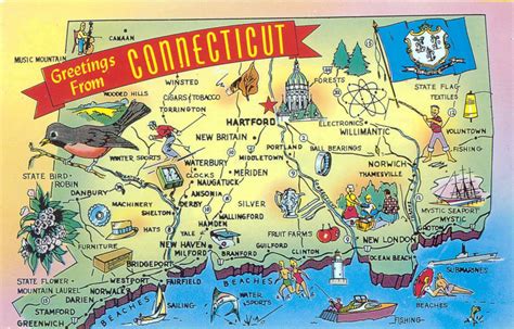 Large Tourist Illustrated Map Of Connecticut State Maps