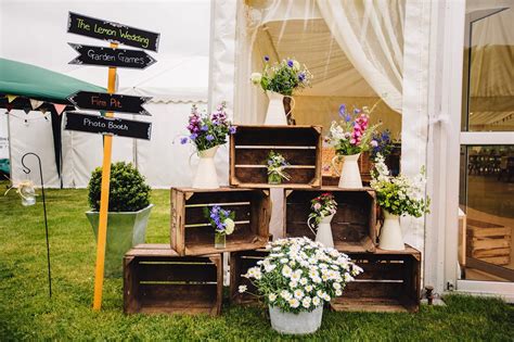 Wooden Crate Wedding Flowers With Wedding Sign Diy At Home Marquee