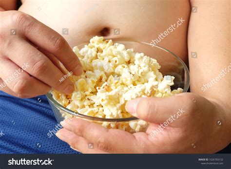 Fat Man Holding Popcorn Bowl Stock Photo Shutterstock