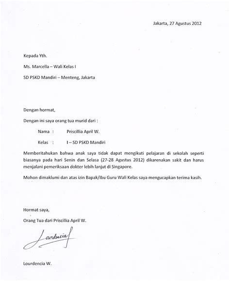 Contoh Surat Sakit Pelajar Sekolah