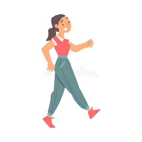 Happy Walking Woman Character Taking Steps Forward Side View Vector