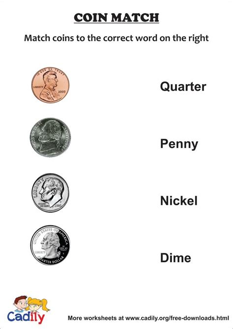 Coin Matching Worksheet | Matching worksheets, Kids education, Coins