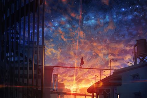 Rooftops Moescape Anime Stars Sky Night Sky Hd Wallpaper Rare