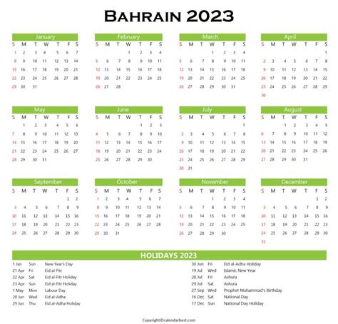 Bahrain Calendar 2023 With Holidays Free Printable In Pdf