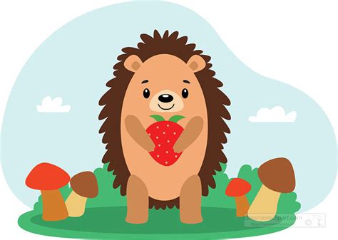 Hedgehog Clipart Cartoon Of Hedgehog Holding A Strawberry Surrounded By