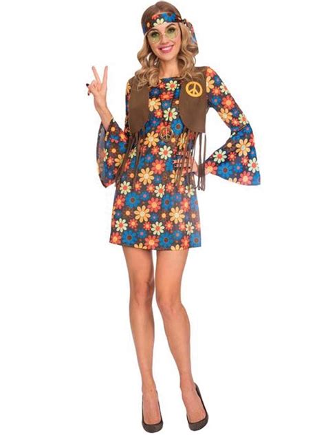 Adult Ladies Flower Hippie Costume 60s 70s Hippy Lady Fancy Dress