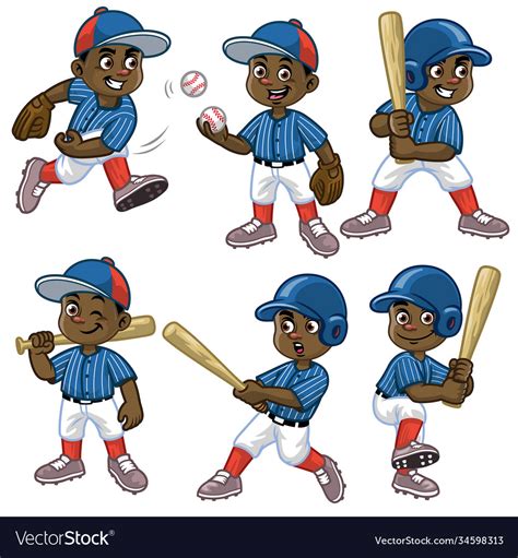 Set Cartoon Black Boy Baseball Player Royalty Free Vector
