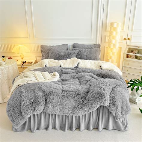 Gray Faux Fur Comforter Set Full Queen Pieces Shaggy Comforter 90x90 And Fur Pillowcases Ultra