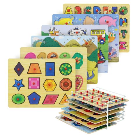 Etna Wood Peg Puzzle Set With 6 Puzzles And Wire Storage Rack Abc Numbers Shapes Vehicles