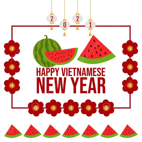 Gambar Selamat Tahun Baru Desain Semangka Vektor Vietnam Dengan Bunga